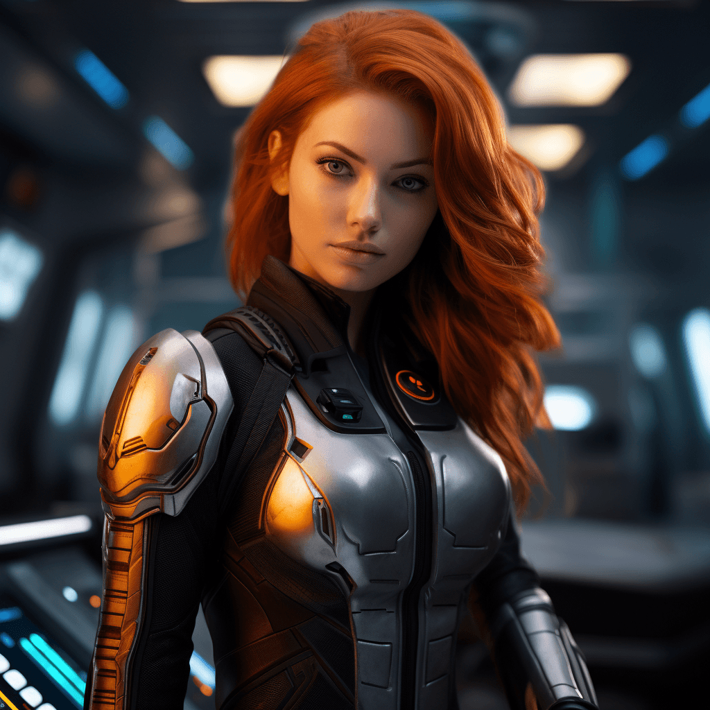 AI generated: a woman with red hair in a futuristic suit, front page of art station, orange highlights, human game...