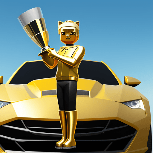 AI generated: Roblox avatar is holding a golden trophy while posing on top of the sports car hood displayed from a...