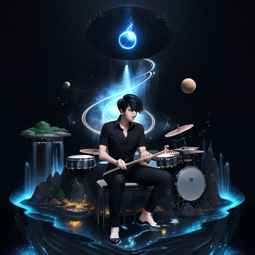 AI generated: A beautiful male with short black hair, black jeans and black elegant shirt play the drums on floati...