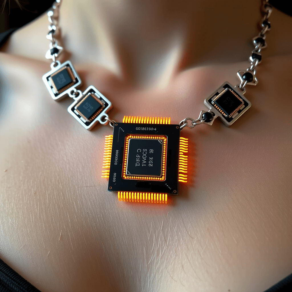 AI generated: A bold statement necklace, featuring a large, glowing CPU chip as its centerpiece, surrounded by a d...