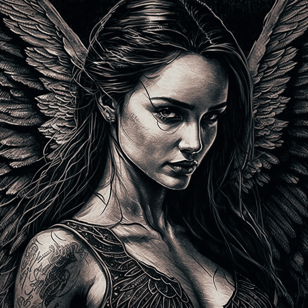 AI generated: Dark angel woman, ballpoint pen art 