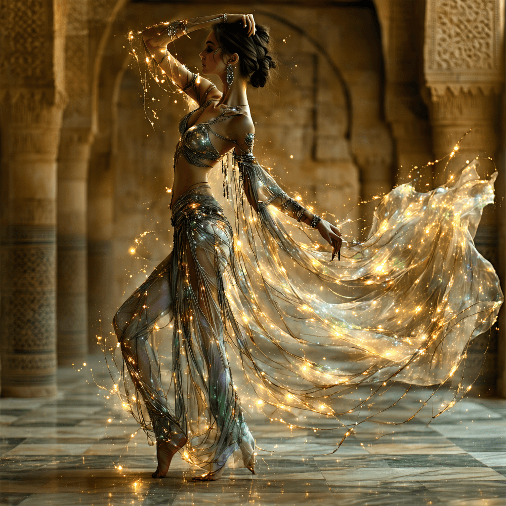 AI generated: a full-body view of a belly dancer woman depicted in the style of a 19th-century oil painting master...