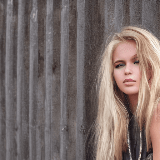 AI generated: a young attractive woman with blonde hair leaning on a rusty wall, in the style of exaggerated facia...