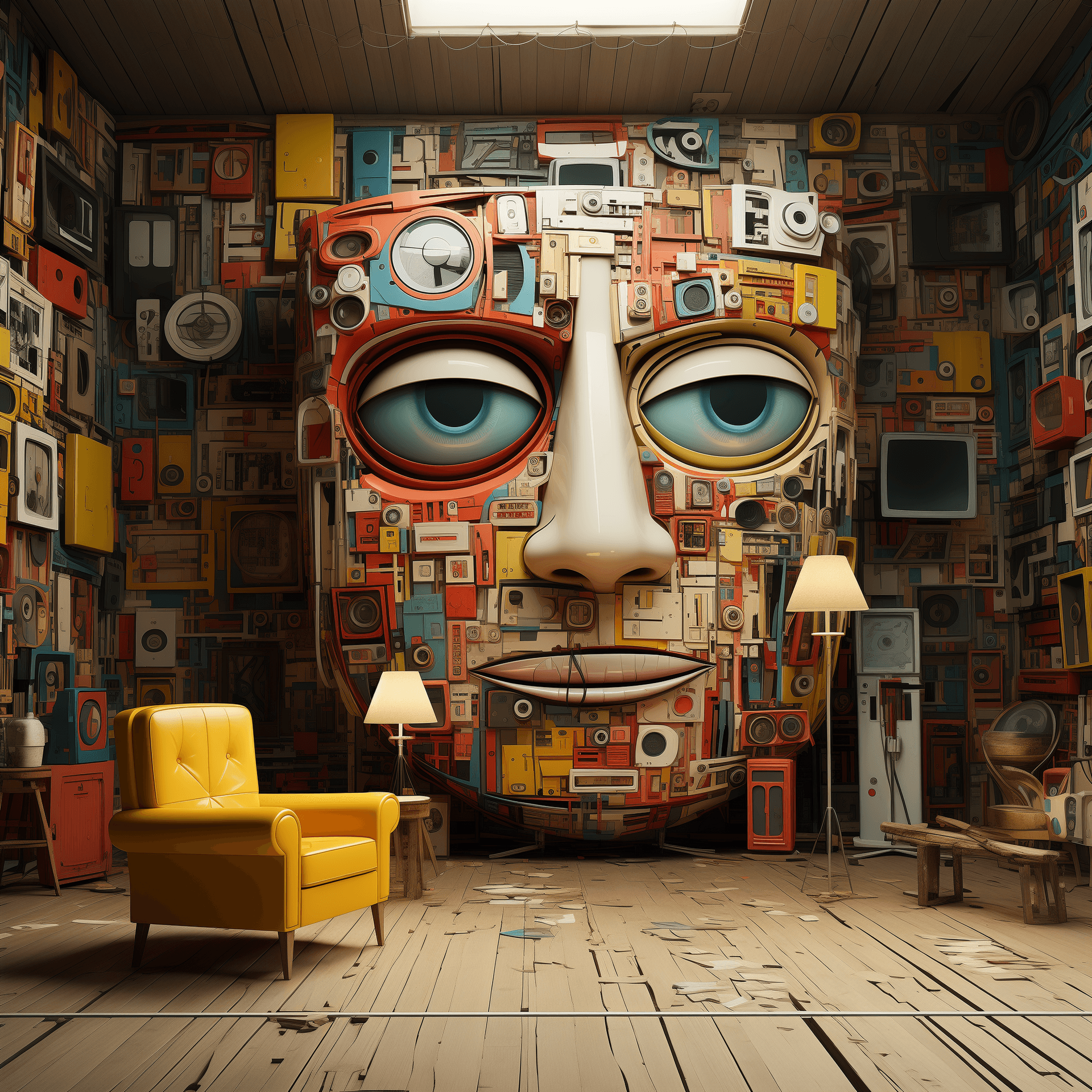 AI generated: Create a complex, surreal interior where the walls and furniture integrate into a colossal, expressi...