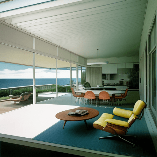 AI generated: Hyper realistic eye level exterior photo of a mid century modern style house overlooking the ocean, ...