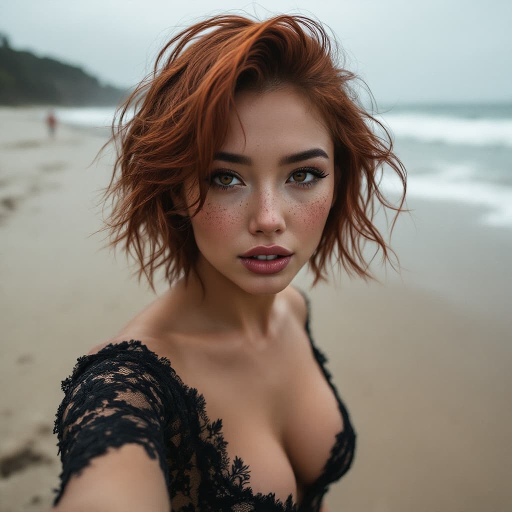 AI generated: selfie, full-body shot of a beautiful Asian woman with natural red hair and short wavy hair, covered...
