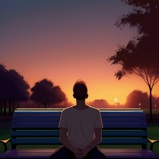AI generated: Ilustration At sunset, a guy sits on a park bench, immersed in his music, the soft glow of the eveni...
