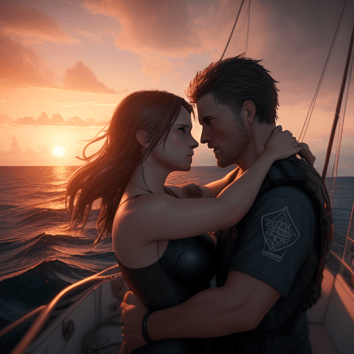 AI generated: Photo of a ultra realistic couple loving each other on the sea, dramatic sunset light,  cinematic li...