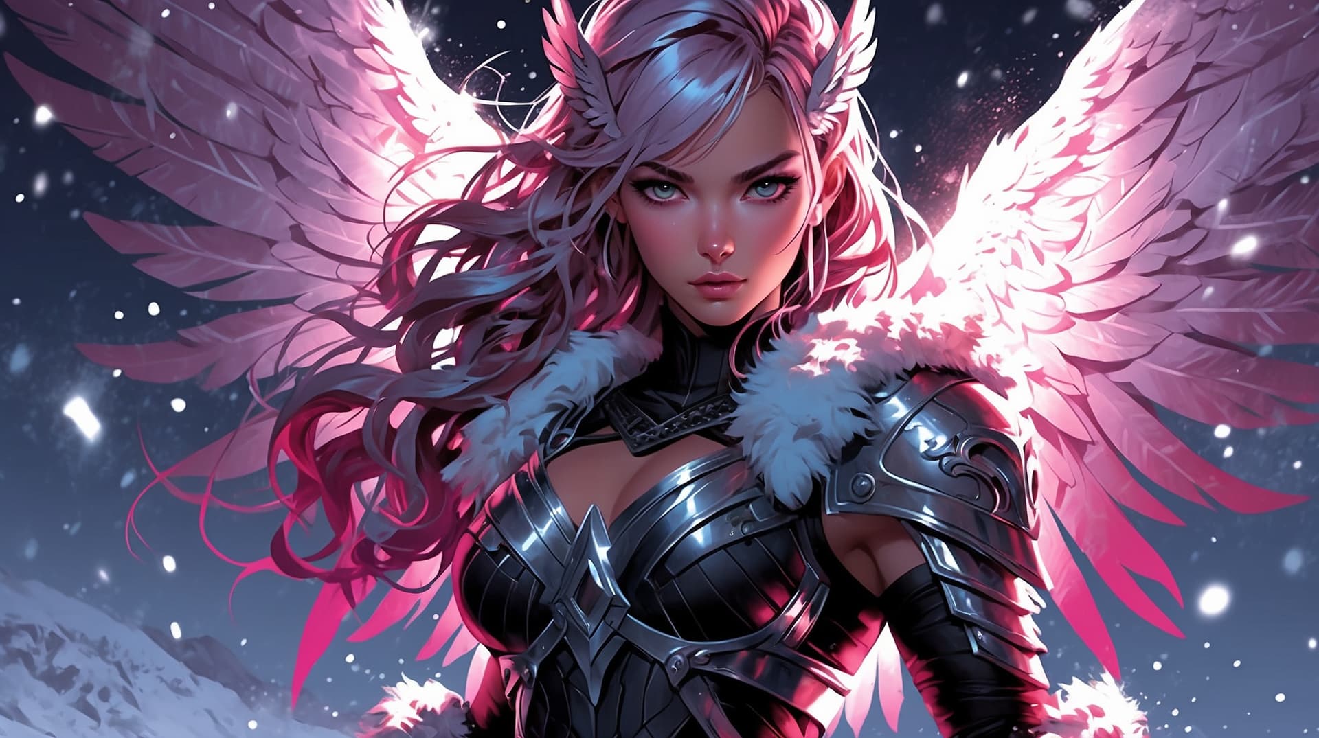 AI generated: A magenta-hued chilling valkyrie, her icy gaze piercing through the vibrant hue of her flowing hair,...