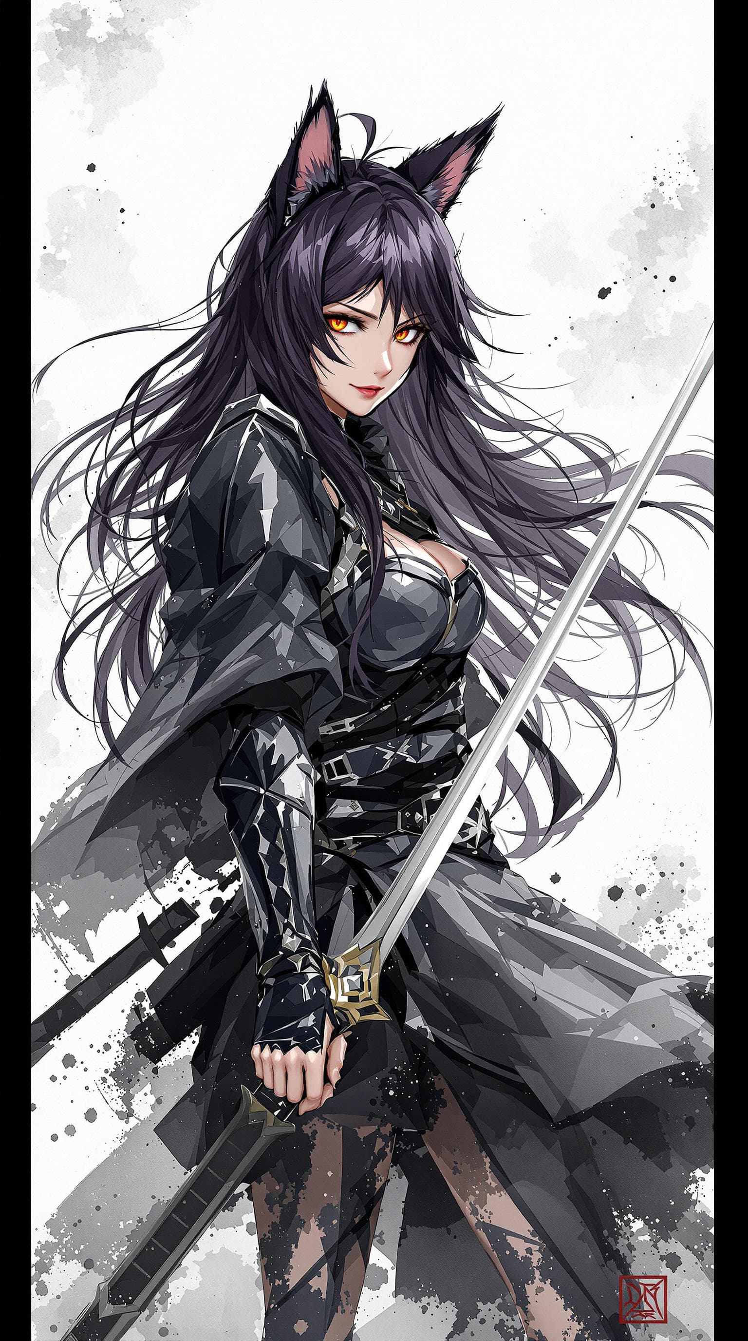 AI generated: 1 woman, weapon longsword, long hair, dark purple hair,cat ears, white background, solo, looking at ...