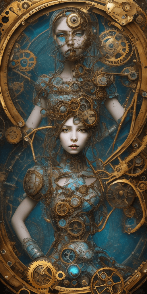 AI generated: (3D steampunk clockwork fantasy whimsical monster:1.3), inspired by (Bella Kotak), rich gold and cya...
