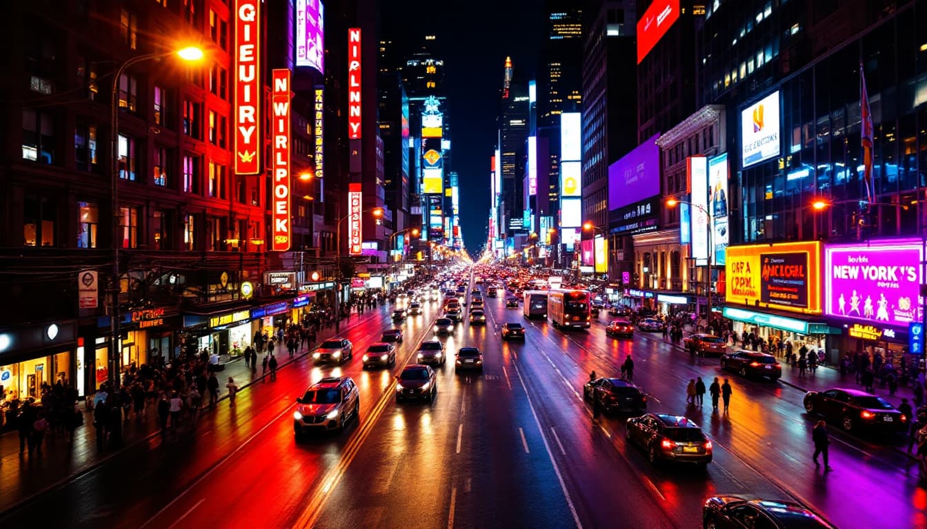 AI generated: FPV drone footage, soaring smoothly down a wide, bustling New York City main city street at night. N...