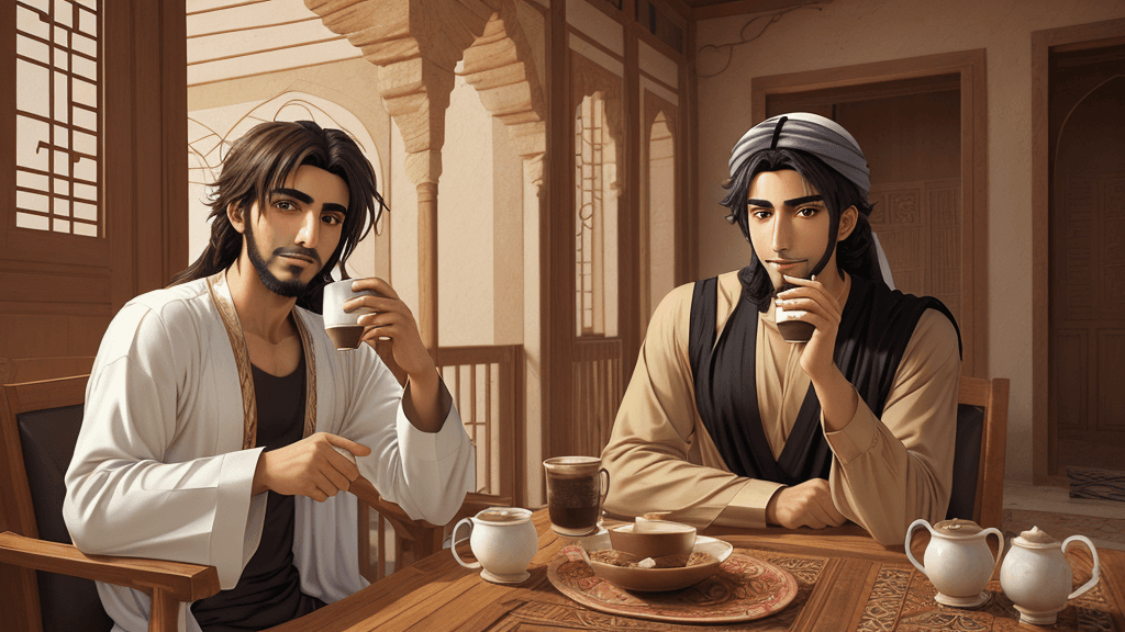 AI generated: arabic man, sitting in his old house, face, 23years old, drinking arabic coffe, anime style, hair