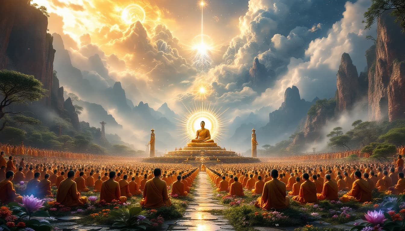 AI generated: A vast and majestic scene in a sacred garden within an ancient Eastern kingdom. At the center, the B...