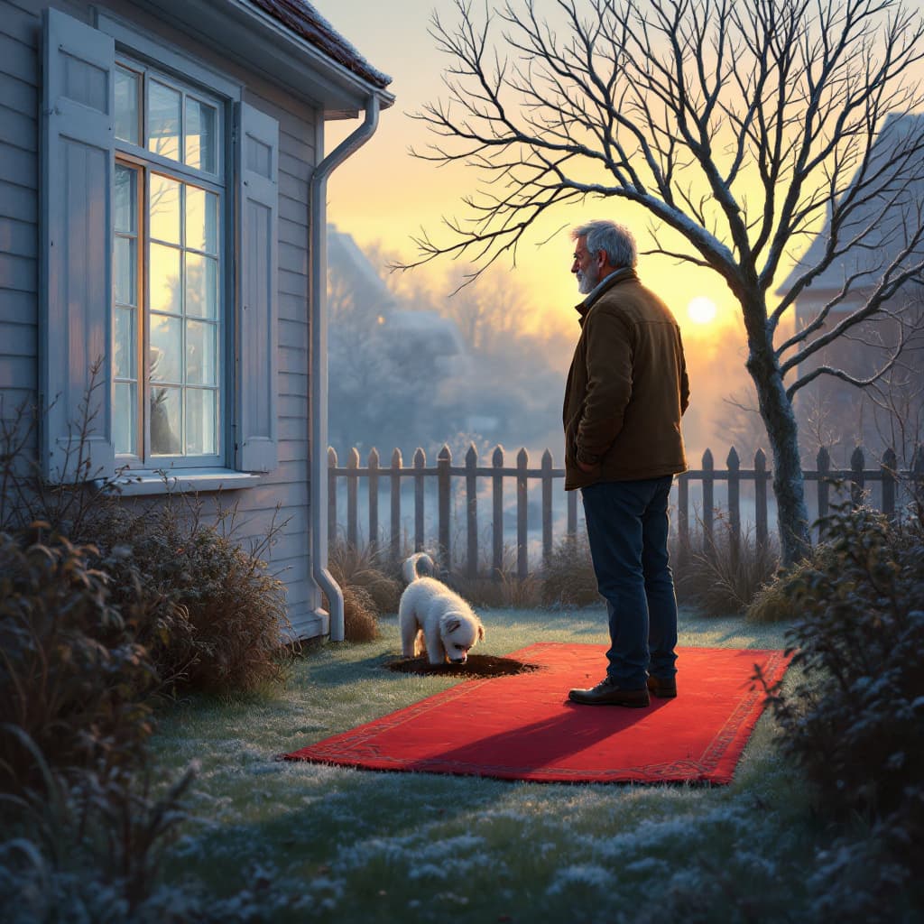 AI generated: Storybook-style picture of a middle aged man standing on a red carpet, he's looking out of his bedro...