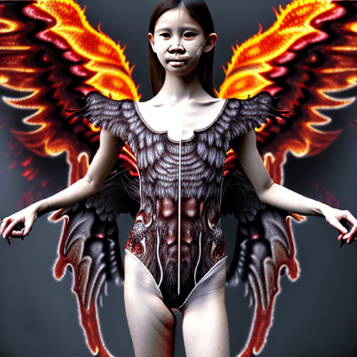 AI generated: extremely detailed hyper-realistic Winged Female Demon Arch-angel manguri, fire lava background, ful...