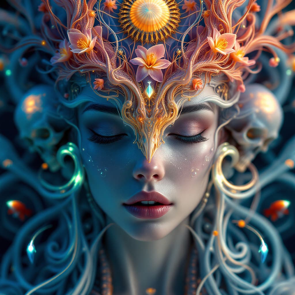 AI generated: Goddess close-up portrait ribcagel. jellyfish phoenix head, nautilus, orchid, skull, betta fish, bio...
