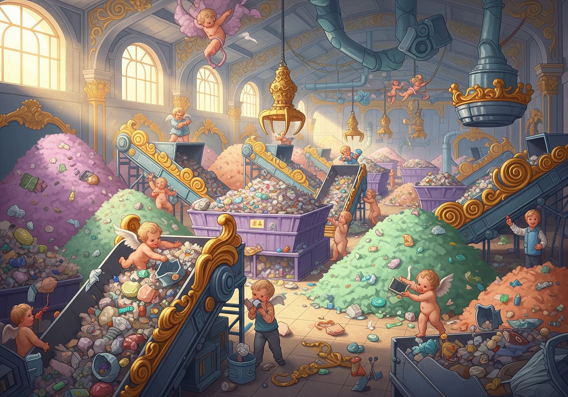AI generated: A chaotic garbage sorting facility, depicted in the opulent and playful style of a Rococo painting. ...
