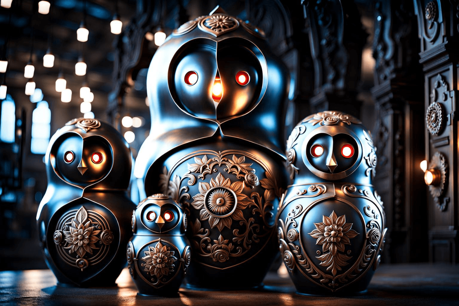 AI generated: extremely detailed CG unity 8k wallpaper, matryoshkas, hand made from metal, hand-carved face, Iron ...