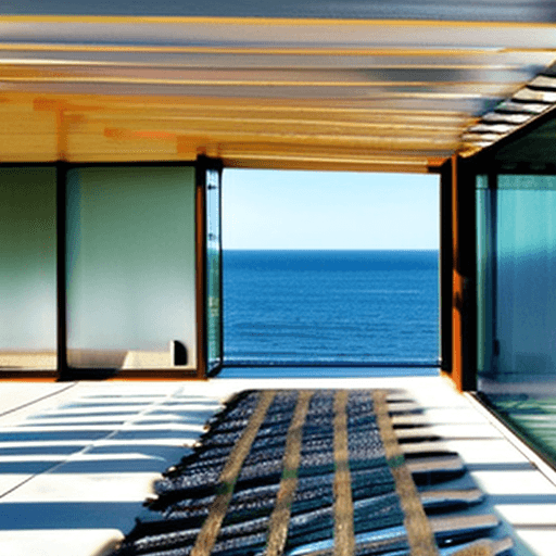 AI generated: hyper realistic eye level exterior photo of a mid century modern style house overlooking the ocean, ...