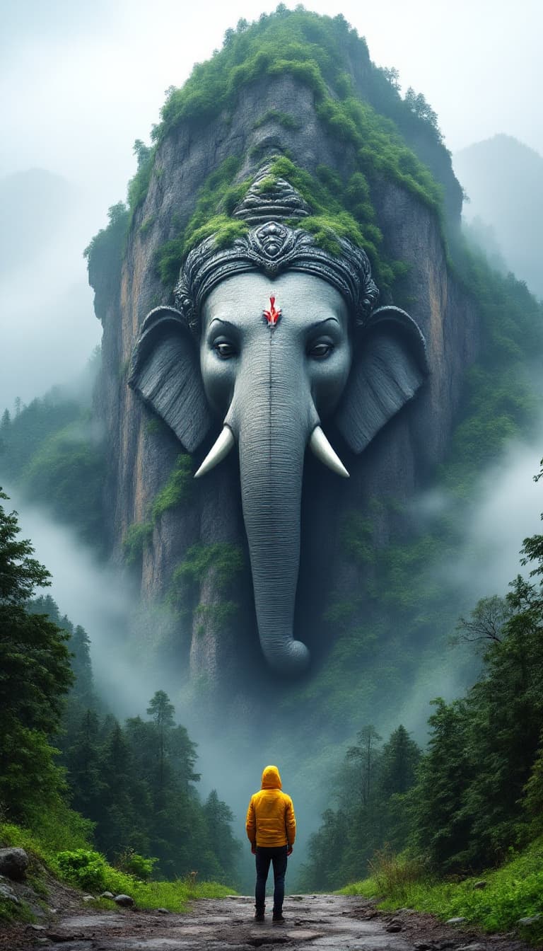 AI generated: "A gigantic stone sculpture of Lord Ganesha's head carved into a mountain, surrounded by misty green...