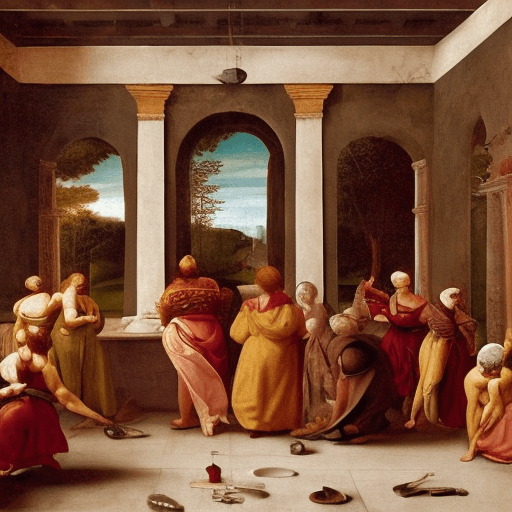 AI generated: renaissance painting of a kitchen with lots of details