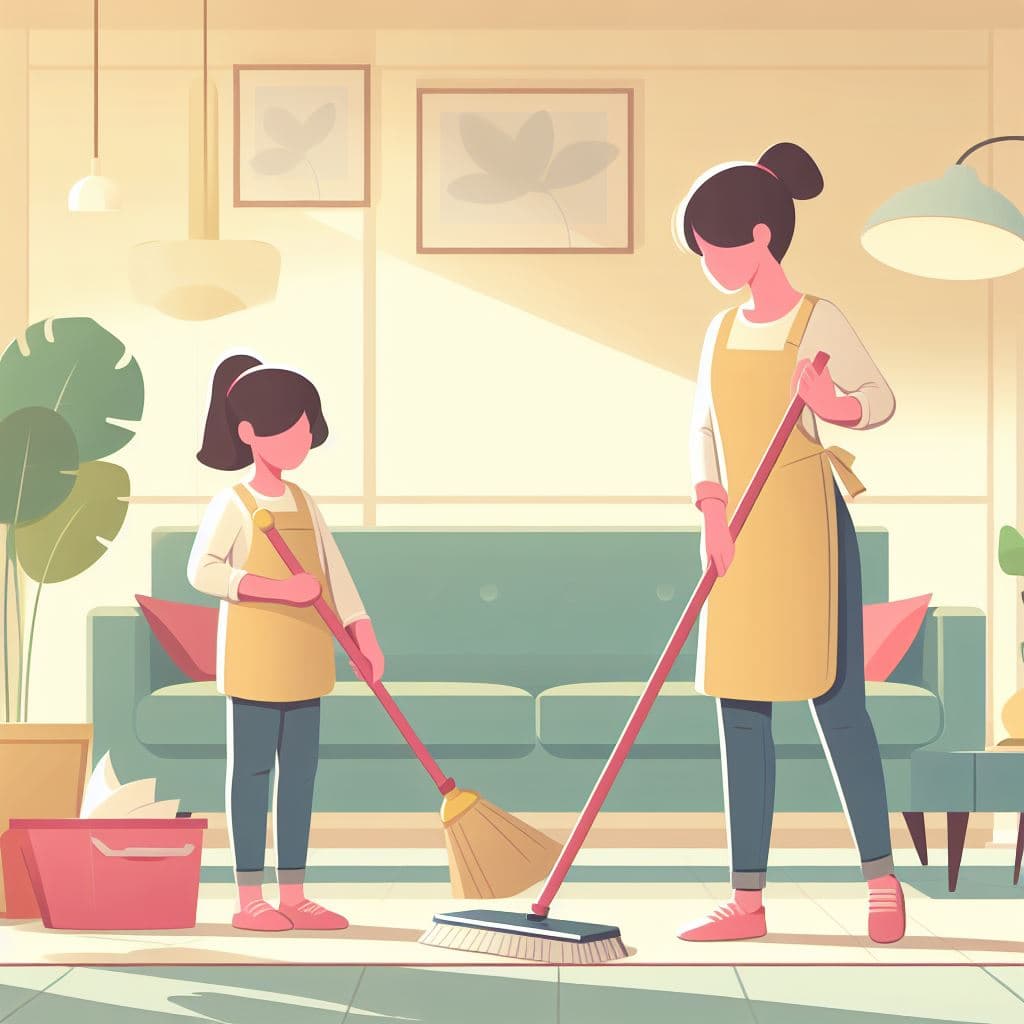 AI generated: Flat 2D illustration Mom with a mop daughter with a broom cleaning a living room, minima