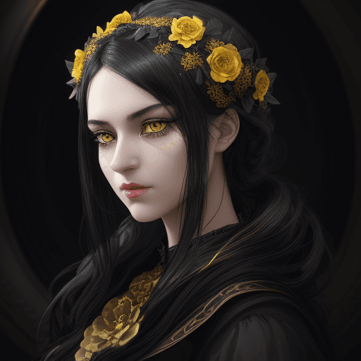 AI generated: beautiful girl,with black hair and yellow eyes, dressed in black-gold color, with a flower wreath on...