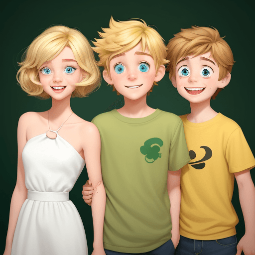AI generated: Cartoon boy and girl in a Pixar style, The girl should have neck-length blonde hair, and the boy has...