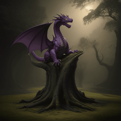 AI generated: green and purple 7 head dragon standing old tree 
light, pale sunrise, cinematic lighting, 