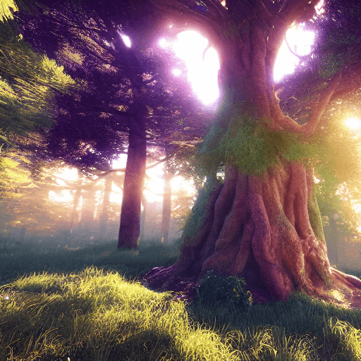 AI generated: yggdrasil, vivid colors, gold sun light, pixie dust, rising sun pictures, cryengine, realistic light...