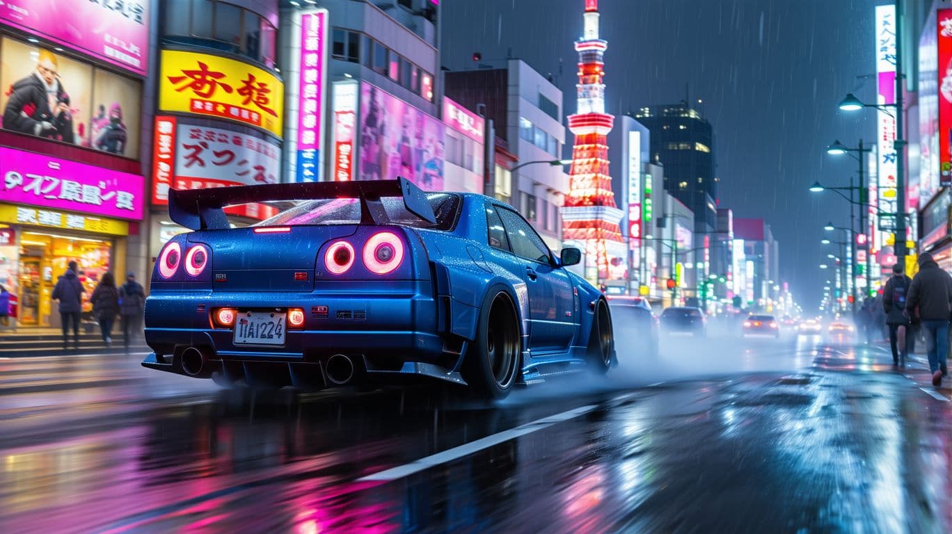 AI generated: A sleek modified Nissan Skyline GTR R34 in night blue with aggressive body kit and neon underglow sp...