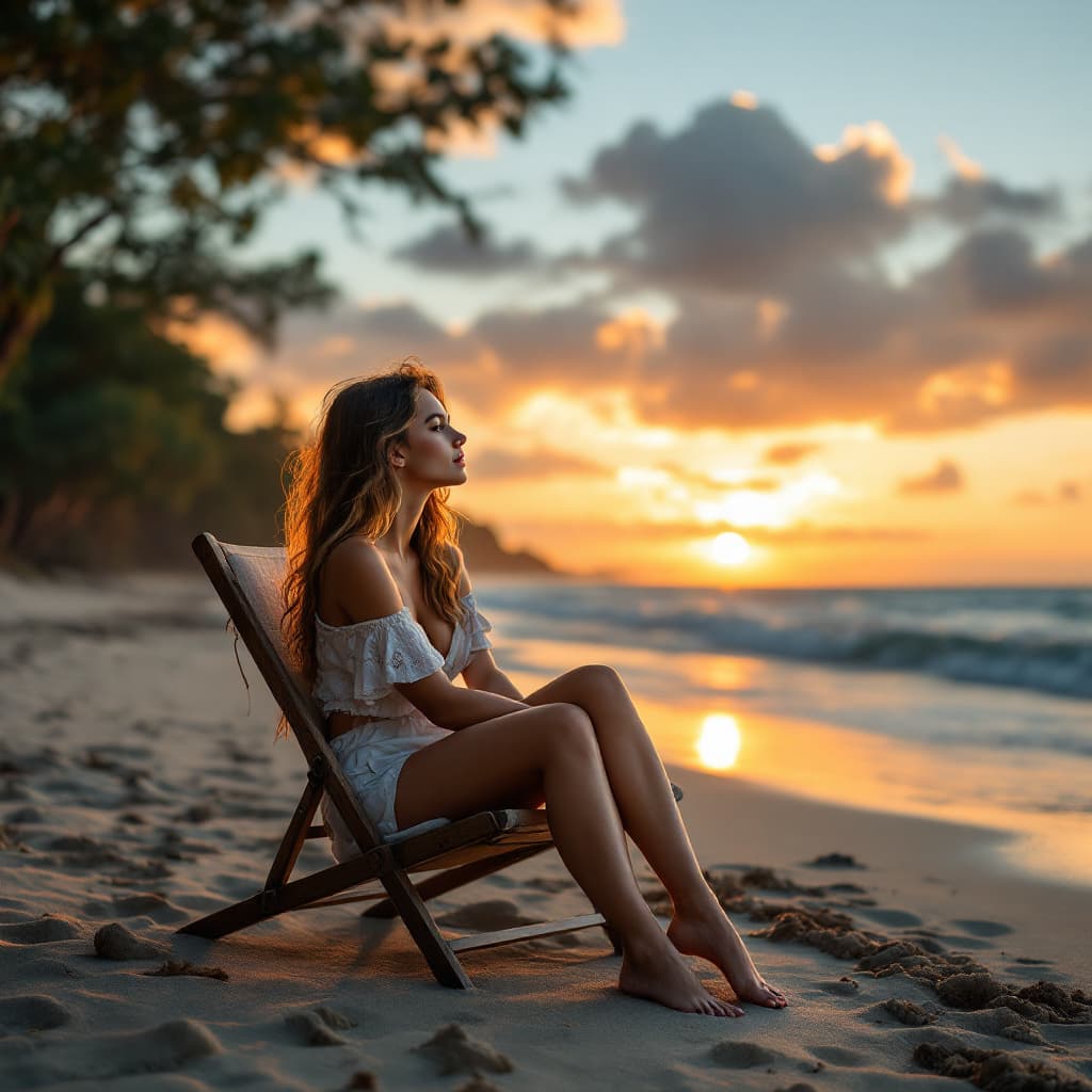 AI generated: A beautiful lady sitting on a chair at the beach during sunset. (The beach is surrounded by trees). ...