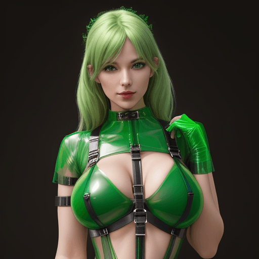 AI generated: a twentysomething femdom goddess in a translucent green latex top wearing a strapon harness
Photorea...