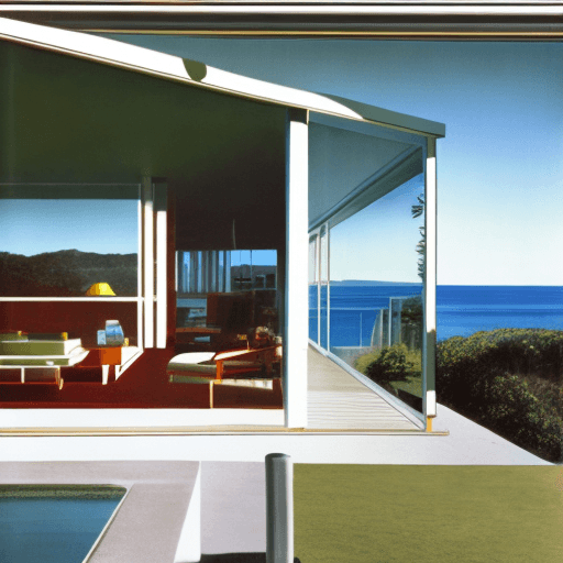 AI generated: Hyper realistic eye level exterior photo of a mid century modern style house overlooking the ocean, ...