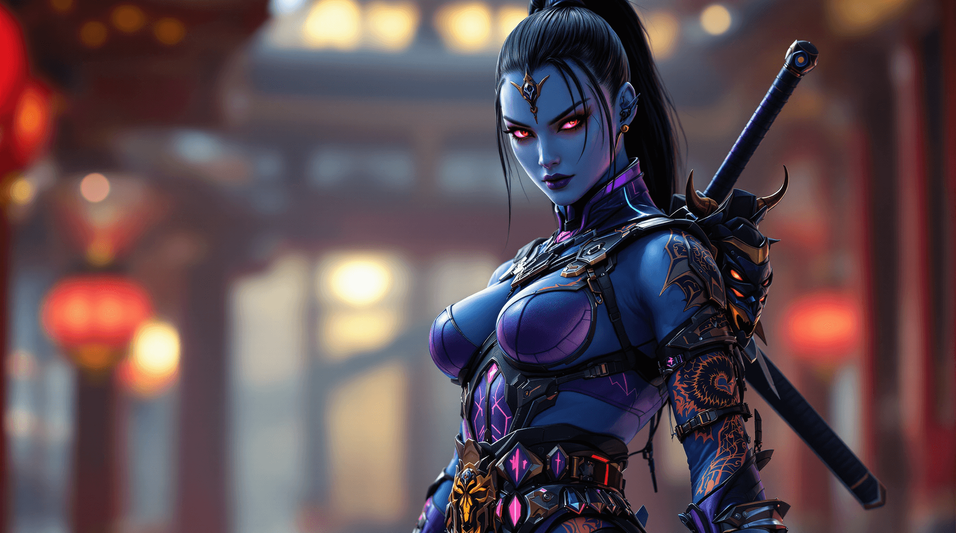 AI generated: Ultra-realistic cyberpunk Kitana, Mortal Kombat character, wearing intricate warrior suit, blue with...