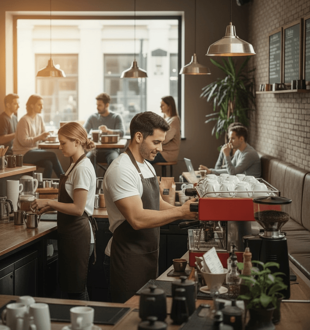 AI generated: Male Hispanic barista 5'2" tall, brewing coffee at a coffee shop full of people across the bar. The ...