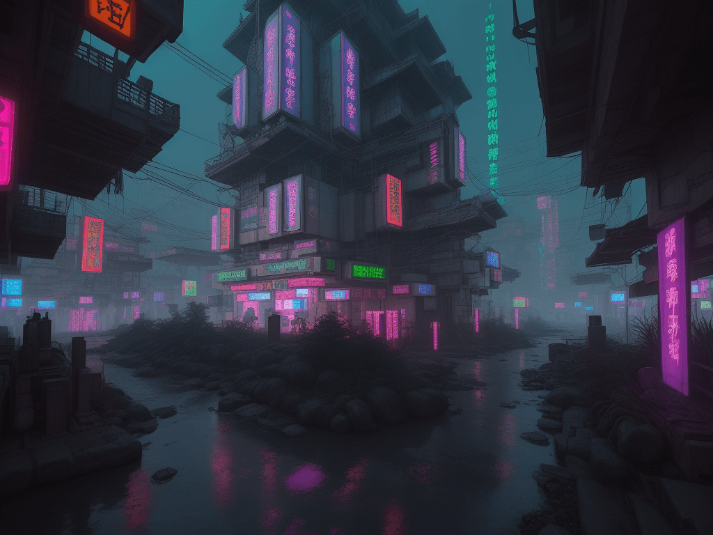 AI generated: cyberpunk buddhist village from afar, flashing neon signs and weapons surrounding it, super realisti...