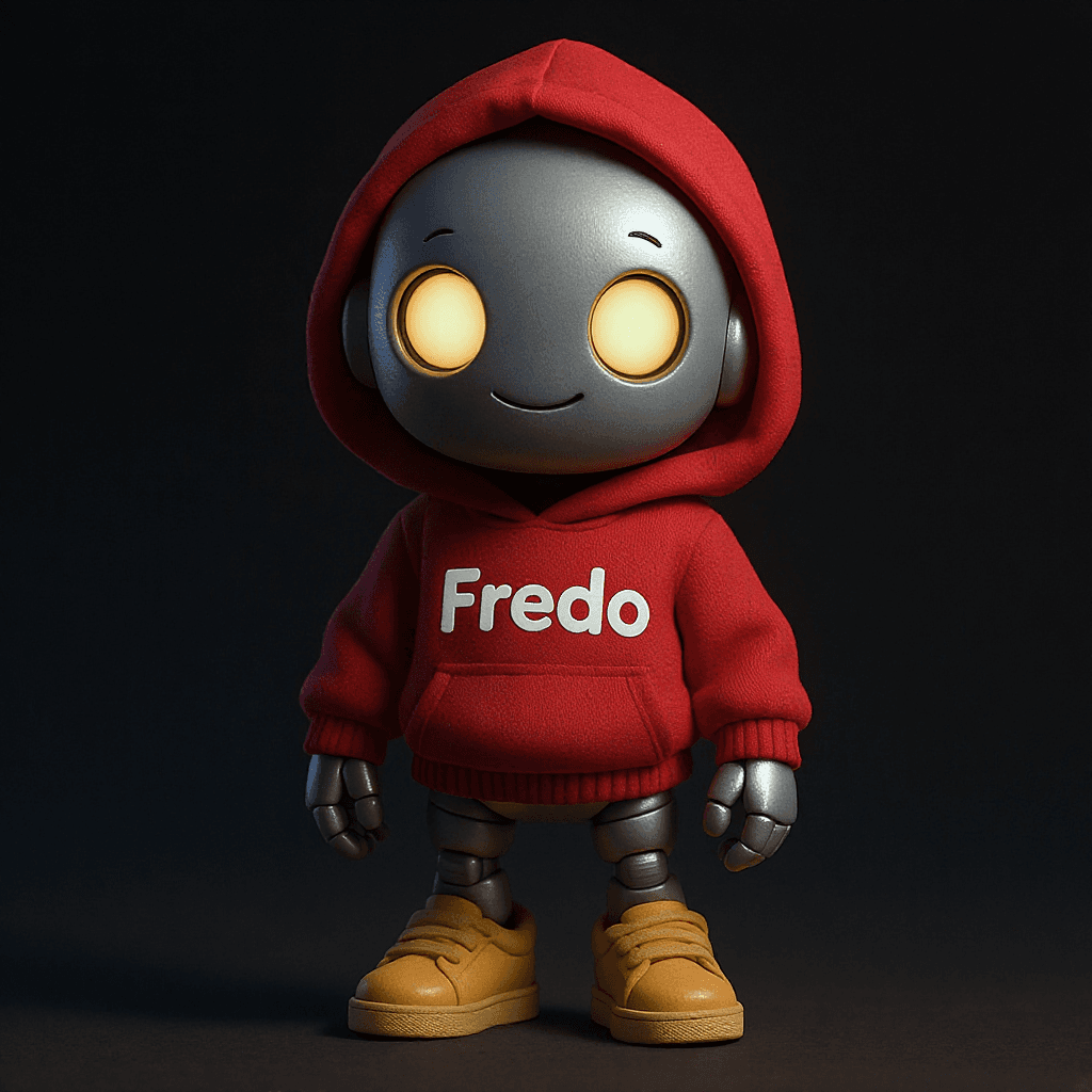 AI generated: A cute little robot with glowing eyes, wearing Yellow sneakers and a red hoodie jacket with "Fredo" ...