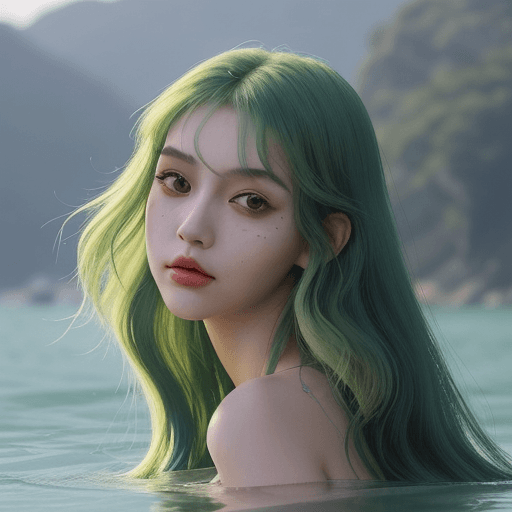 AI generated:  tall girl, green hair that cascades in gentle waves around her shoulders, black eyes hold an air of...
