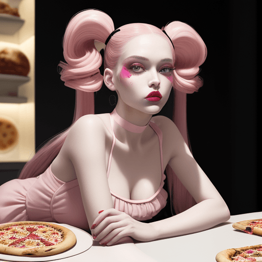 AI generated: Cuisine, Vogue Runway Model with long Pigtails in the style of candycore hair, pale skin and light p...