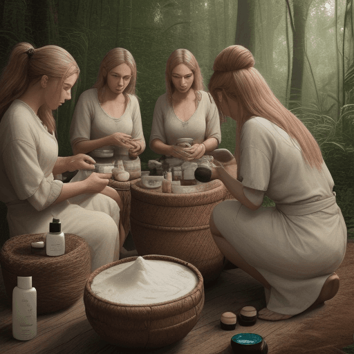 AI generated: Photo of a ultra realistic woman making natural cosmetics with 6 other woman watching