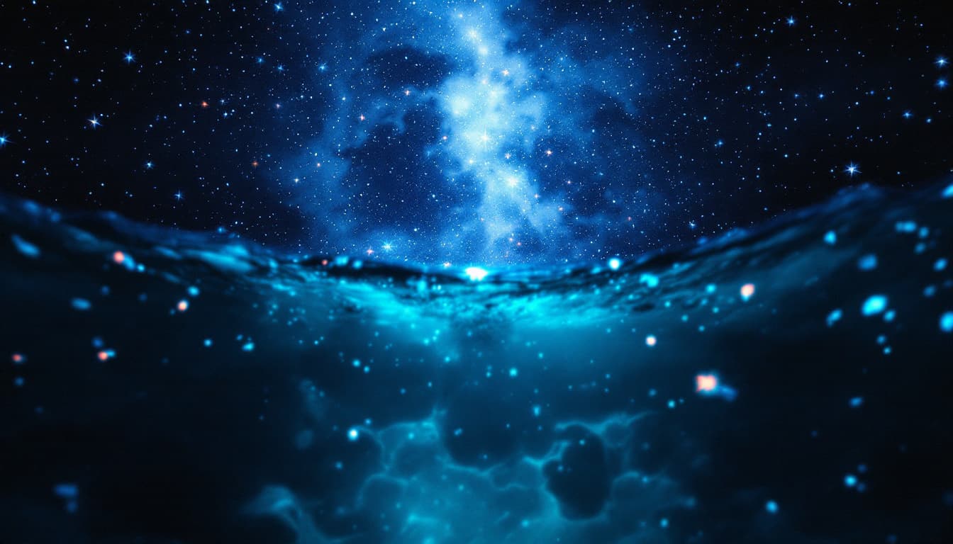 AI generated: camera diving into the water (simulated POV), emerging in a starry void where faces of the crowd app...
