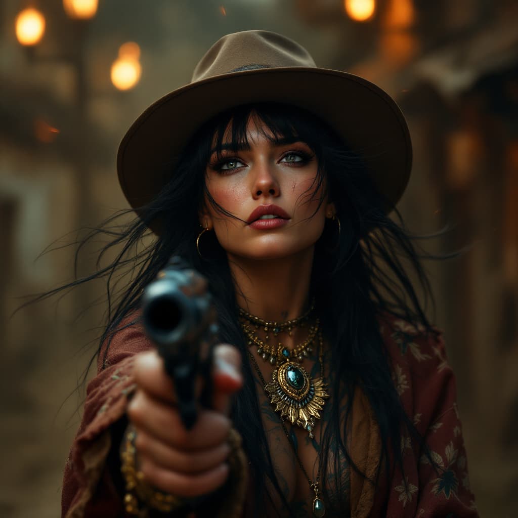 AI generated: HD hyper realistic zoomed out photo of beautiful, female equivalent of Clint Eastwoods man with no n...
