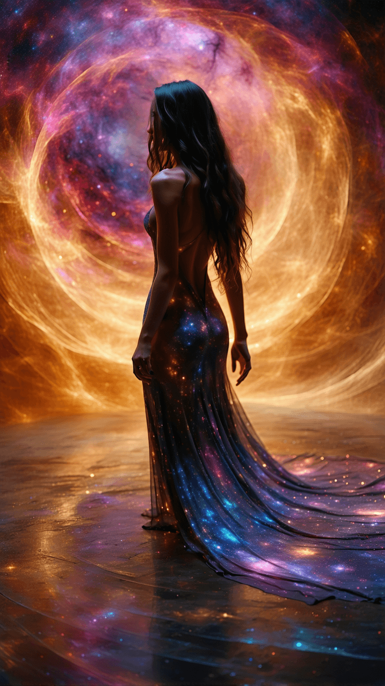 AI generated: A cosmic choreographer, her long hair flowing like liquid starlight, wears a gown of interwoven shif...