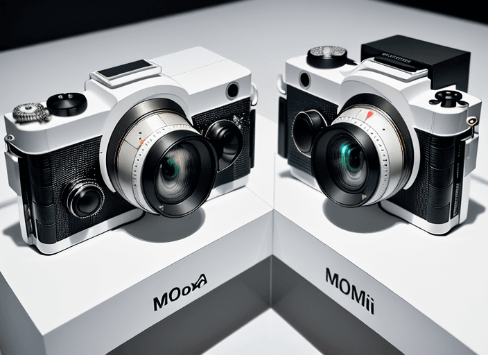 AI generated: Two slim cameras, on a glossy white surface, birds eye view, hyper realistic, highly detailed, 8K, m...