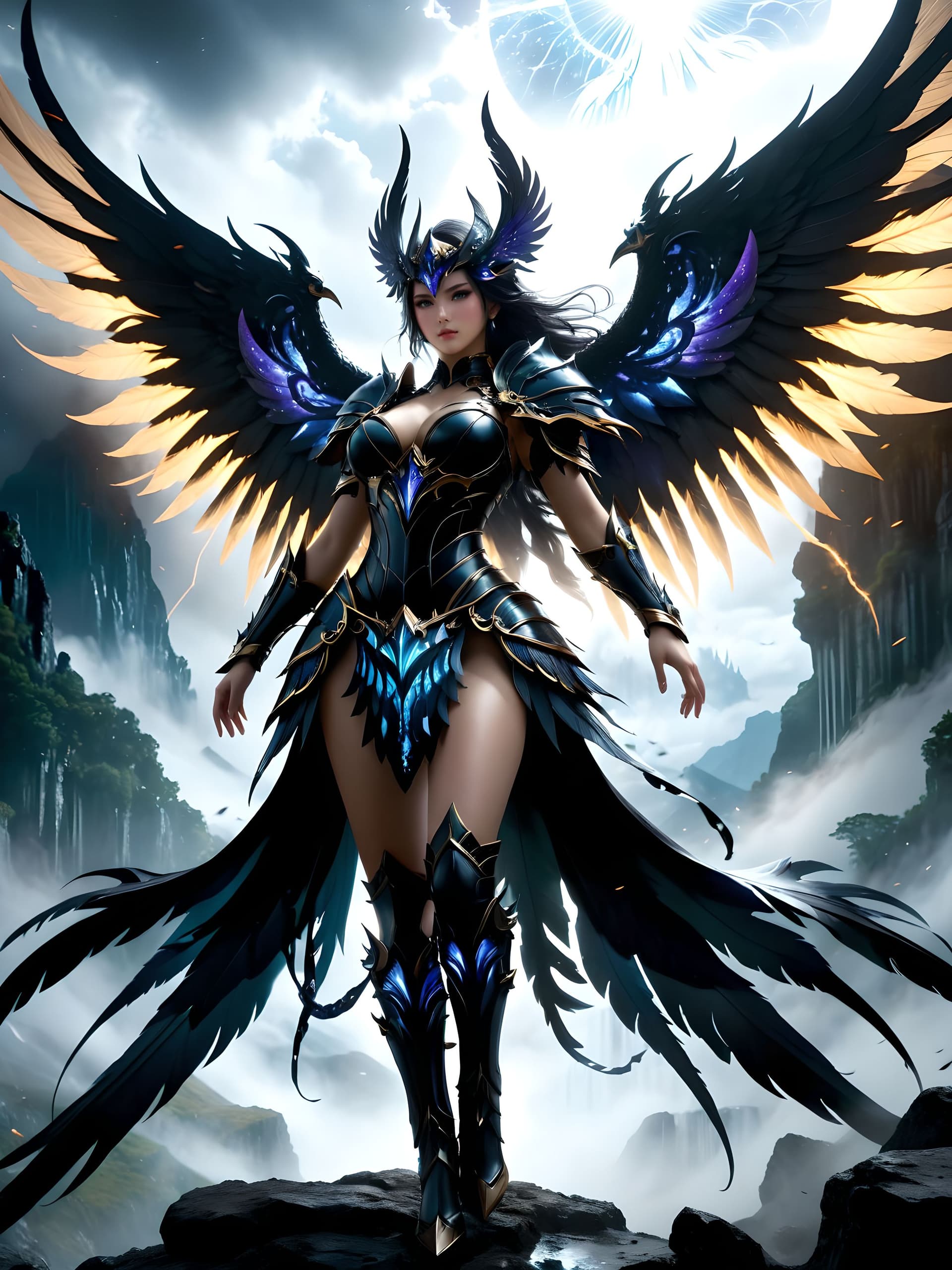 AI generated: Fairy tale , A formidable Dark Valkyrie clad in ominous, winged battle armor, forged from enchanted ...