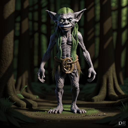 AI generated: DnD goblin with very big feet in a forest, cinematic light, photorealistic, mystical