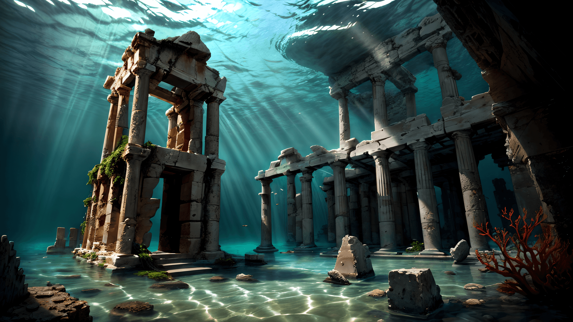 AI generated: (masterpiece Illustration, best quality:1.2) style of Edwin Deakin, Ruins of a (Lost Temple of Posei...