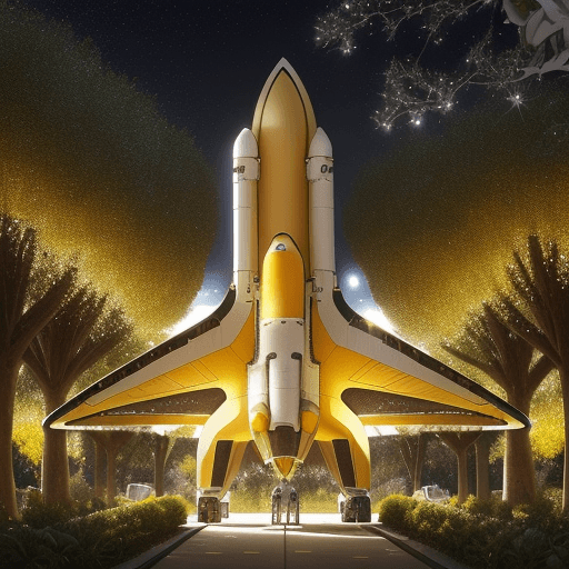 AI generated: In the cosmic citrus orchard, a lemon-themed space shuttle stands amidst a grove of twinkling celest...